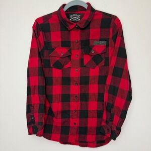 Grunt Style Women's Plaid Flannel Shirt Button‎ Up Long Sleeve Red Black Medium